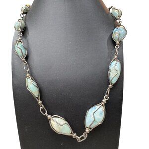 Vintage Larimar Caged Stone Sterling Silver Wire Wrapped Necklace Artisan Design